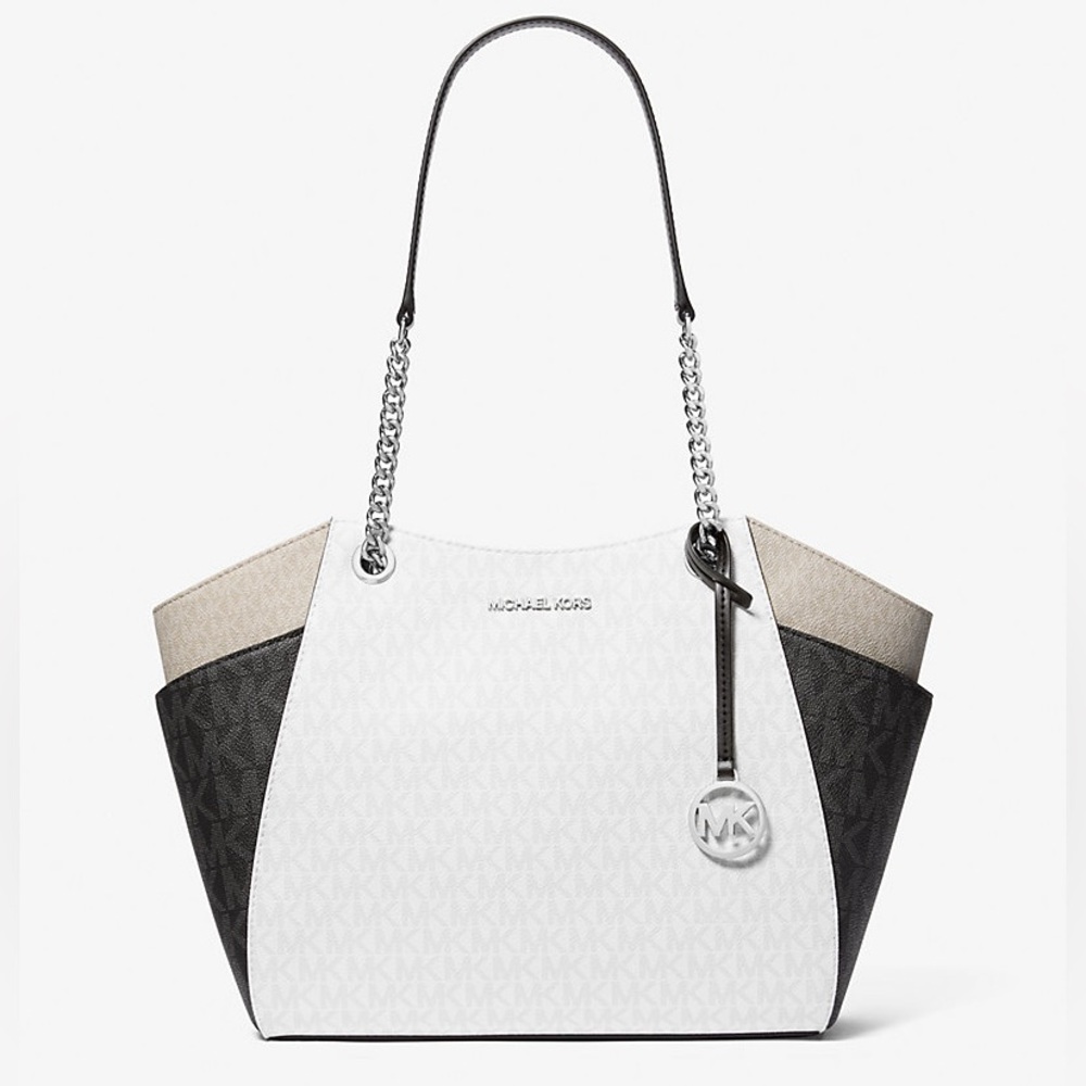 NWT Jet Set Large Color-Block Signature Logo Shoulder Bag Optic White $398